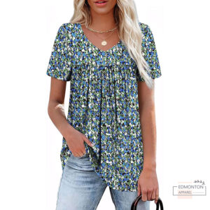 Women's V-Neck Pleated Short Sleeve Tops