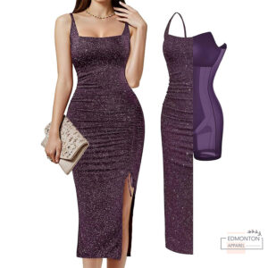 Women’s Sparkly Shapewear Cocktail Dress – Tummy Control Ruched Midi Dress with Side Slit & Square Neck