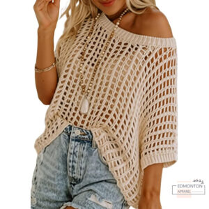 Women's Crochet Knit Short Sleeve Top – Scoop Neck Hollow Out Summer Sweater & Beach Cover-Up