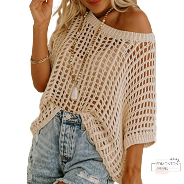 Women's Crochet Knit Short Sleeve Top – Scoop Neck Hollow Out Summer Sweater & Beach Cover-Up