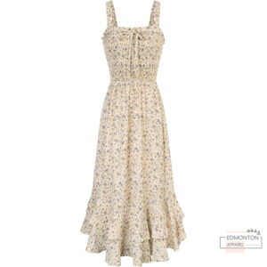 Women’s Floral Boho Maxi Dress – Square Neck Tiered Sundress with Straps & Smocked Back