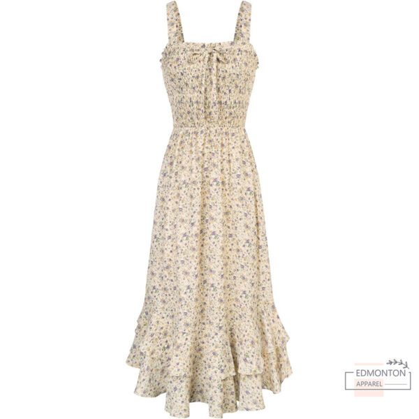 Women’s Floral Boho Maxi Dress – Square Neck Tiered Sundress with Straps & Smocked Back